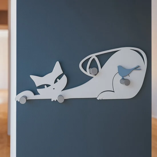Appendiabiti da parete con gatto legno colore bianco