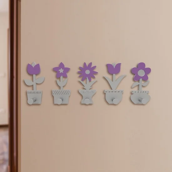 Appendiabiti da parete con piantine legno viola-grigio