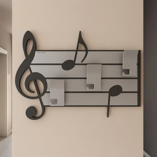 Appendiabiti da parete note musicali legno nero e grigio