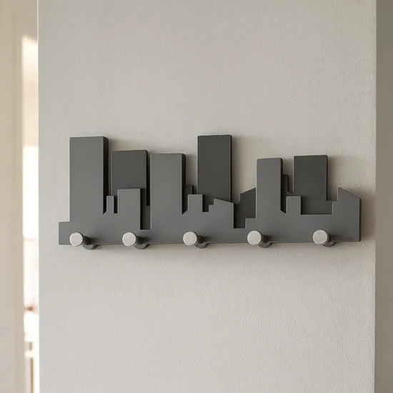 Appendiabiti da parete particolare skyline legno colore grigio quarzo