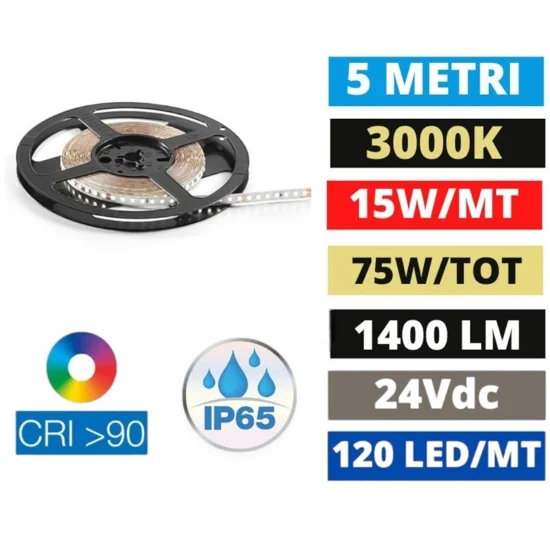 Bobina 5mt striscia led per esterno 14,4w-mtcri90 3000k 24v ip65 ideal lux