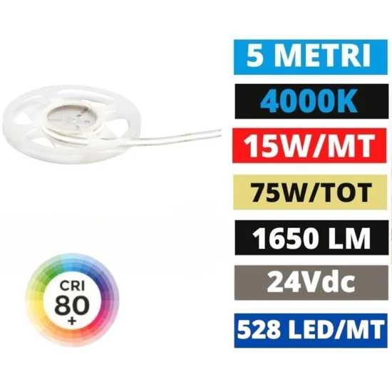Gea lucebobina 5mt striscia led cob 15w-mt 4000k 24v dc
