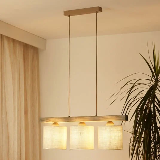 Lampada a sospensione Forest, a 3 luci, legno chiaro, juta bianca