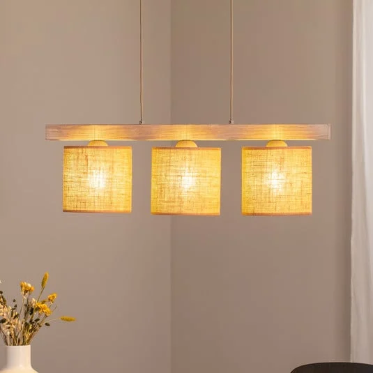 Lampada a sospensione Forest, a 3 luci, legno chiaro, juta color naturale
