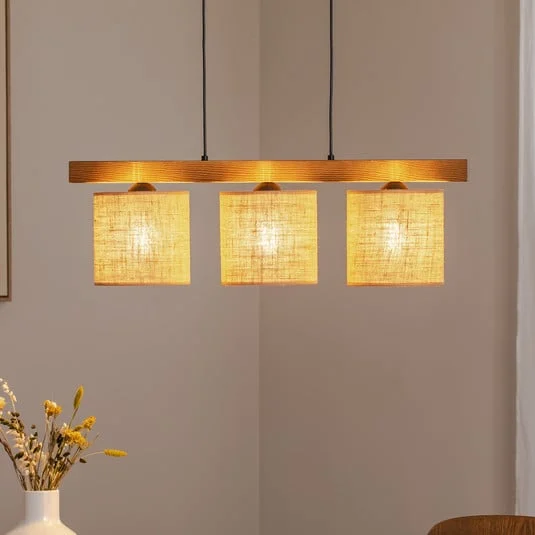 Lampada a sospensione Forest, legno chiaro/nero, juta naturale, a 3 luci.