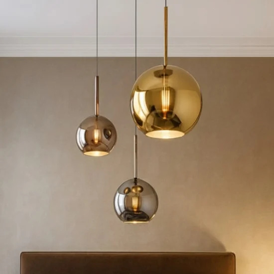 Lampadario 3 luci pendenti da camera da letto sfere vetro cromo oro rame