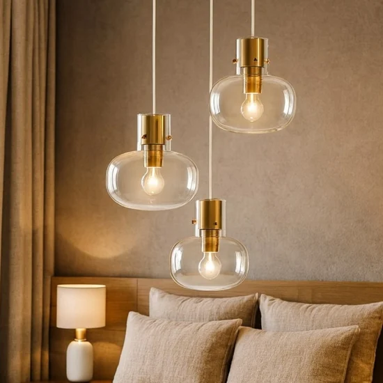 Lampadario 3 luci per camera da letto vetro dettagli oro