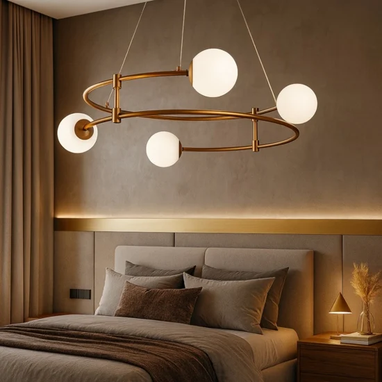 Maytoni lampadario ring per camera da letto oro sfere vetro bianco