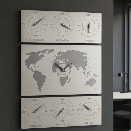 V-cosmo orologio da parete planisfero fusi orari legno bianco